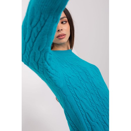 Turkusowy sweter damski z warkoczowym splotem i ściągaczami one size 5.10.15