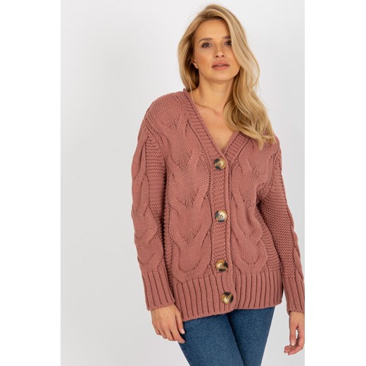 Sweter rozpinany z warkoczami Louissine RUE PARIS - różowy ze sklepu 5.10.15 w kategorii Swetry damskie - zdjęcie 169720361