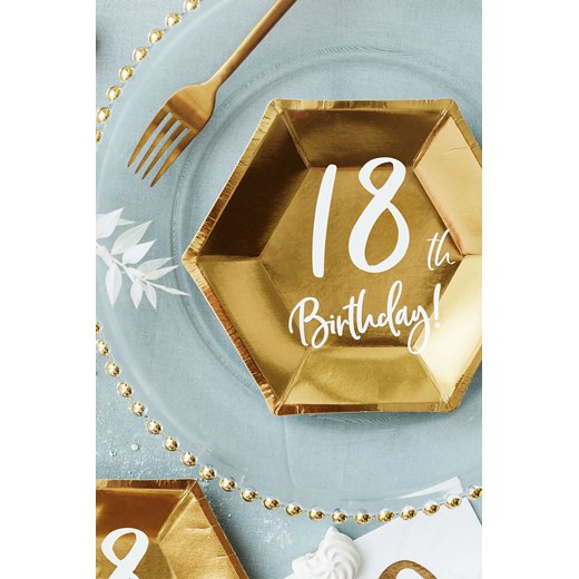 Złote talerzyki papierowe z białym napisem 18th Birthday! Partydeco one size okazyjna cena 5.10.15