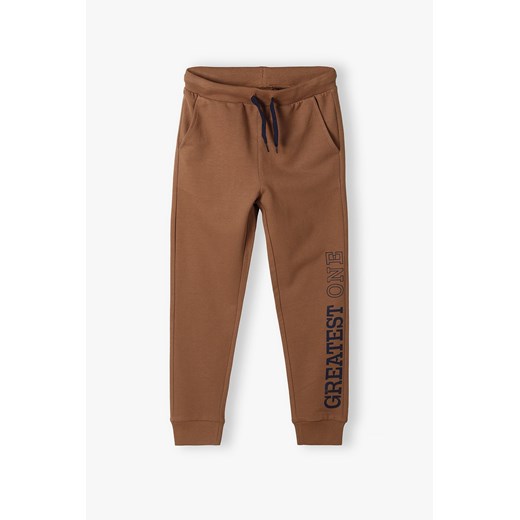Brązowe spodnie dresowe slim fit chłopięce z napisem na nogawce Lincoln & Sharks By 5.10.15. 134 5.10.15