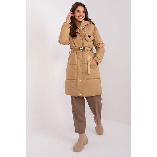 Camelowa długa kurtka zimowa z paskiem ze sklepu 5.10.15 w kategorii Płaszcze damskie - zdjęcie 169722784