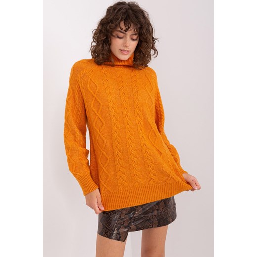 Musztardowy sweter z warkoczami i ściągaczami ze sklepu 5.10.15 w kategorii Swetry damskie - zdjęcie 169723342