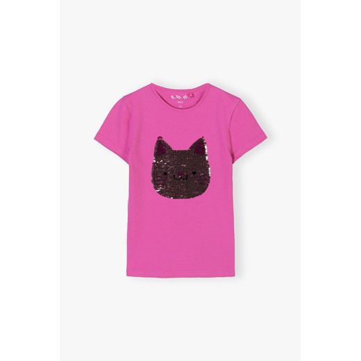 T-shirt dziewczęcy z kotkiem z cekinów - magenta 5.10.15. 104 5.10.15