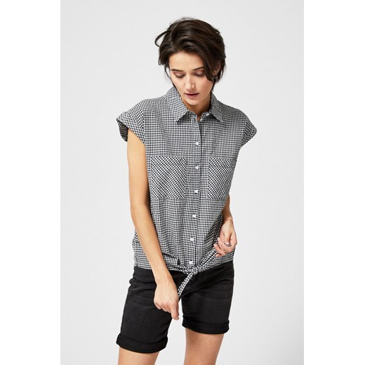 Koszula damska rozpinana z ozdobnym wiązaniem w czarno-białą kratkę L okazyjna cena 5.10.15