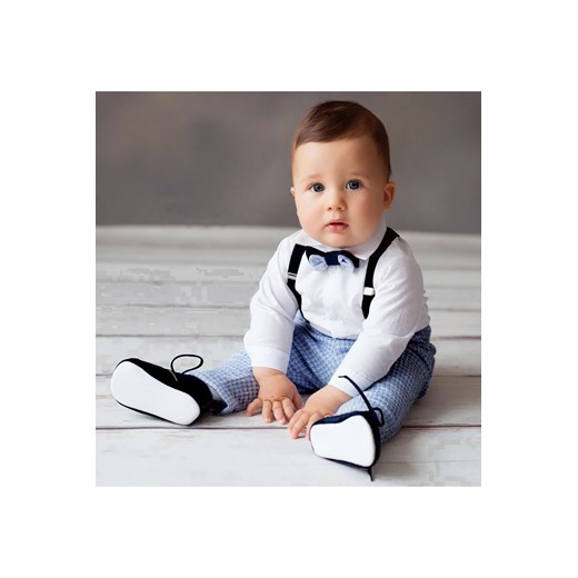 Elegancki komplet NATAN dla chłopca koszulo-body, spodnie, mucha, szelki Balumi 62 5.10.15