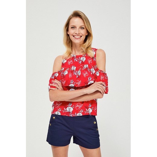 Bluzka damska koszulowa w kwiaty odkryte ramiona z guzikami na plecach czerwona XL promocyjna cena 5.10.15
