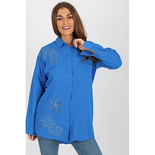 Ciemnoniebieska rozpinana koszula oversize z haftem ze sklepu 5.10.15 w kategorii Koszule damskie - zdjęcie 169724920