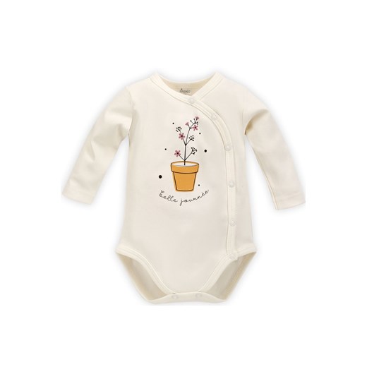 Bawełniane body niemowlęce rozpinane z długim rękawem z kwiatkiem - ecru ze sklepu 5.10.15 w kategorii Body niemowlęce - zdjęcie 169725510
