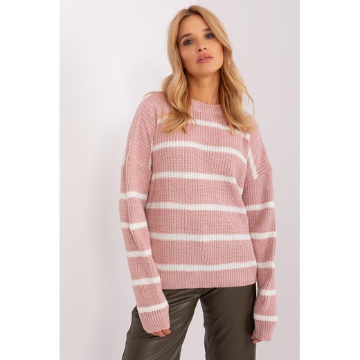 Różowo-biały sweter oversize w paski z domieszką wełny ze sklepu 5.10.15 w kategorii Swetry damskie - zdjęcie 169728274