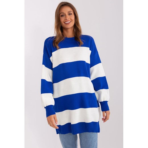 Kobaltowo-ecu długi sweter oversize w paski ze sklepu 5.10.15 w kategorii Swetry damskie - zdjęcie 169728352