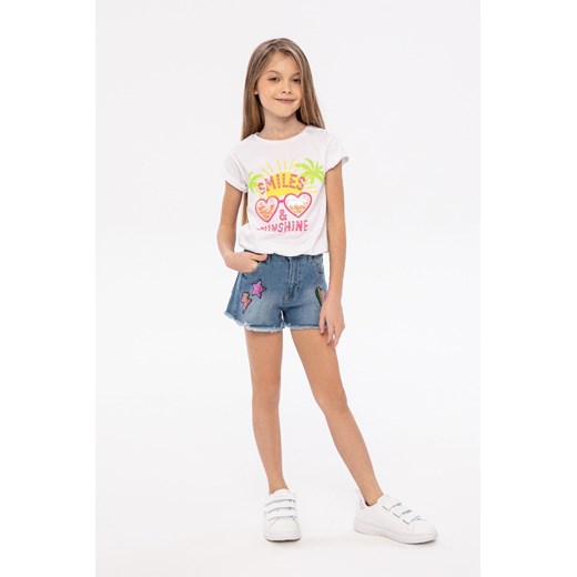 Biała koszulka dziewczęca z bawełny- Smiles & Sunshine ze sklepu 5.10.15 w kategorii Bluzki dziewczęce - zdjęcie 169728593