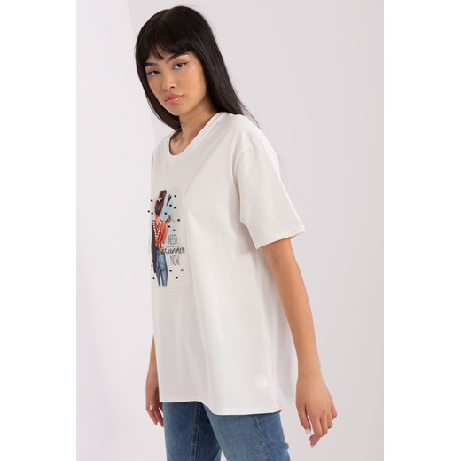 Ecru bawełniany t-shirt z nadrukiem ze sklepu 5.10.15 w kategorii Bluzki damskie - zdjęcie 169729204