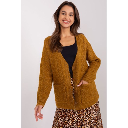 Sweter rozpinany w warkocze z kieszeniami ciemny żółty one size 5.10.15