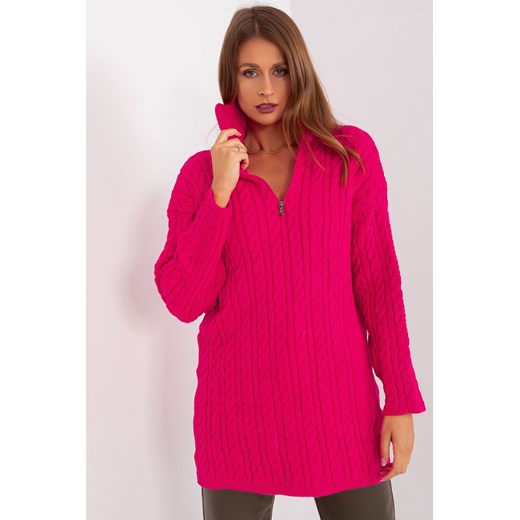Długi sweter z warkoczami i suwakiem fuksjowy ze sklepu 5.10.15 w kategorii Swetry damskie - zdjęcie 169729684