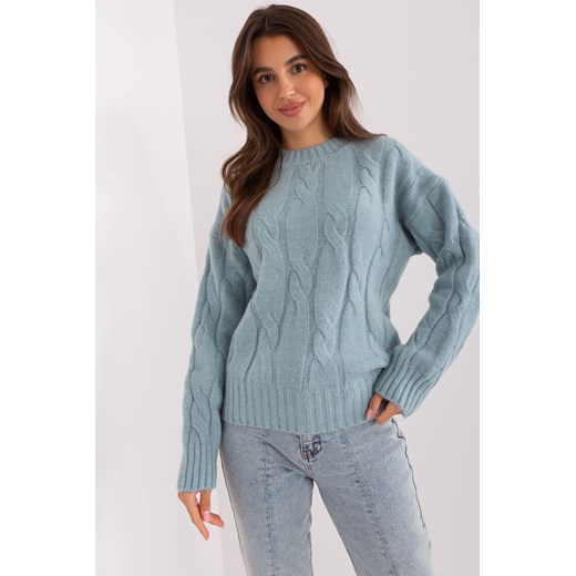 Miętowy sweter z warkoczami i okrągłym dekoltem ze sklepu 5.10.15 w kategorii Swetry damskie - zdjęcie 169730352