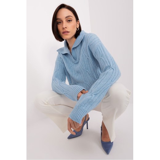 Sweter z warkoczami i kołnierzem jasny niebieski Wool Fashion Italia one size 5.10.15