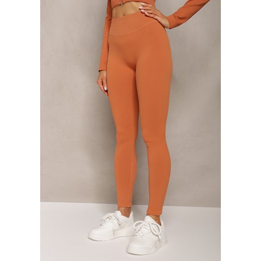 Pomarańczowe Prążkowane Legginsy z Wysokim Stanem Amokka ze sklepu Renee odzież w kategorii Spodnie damskie - zdjęcie 169741432