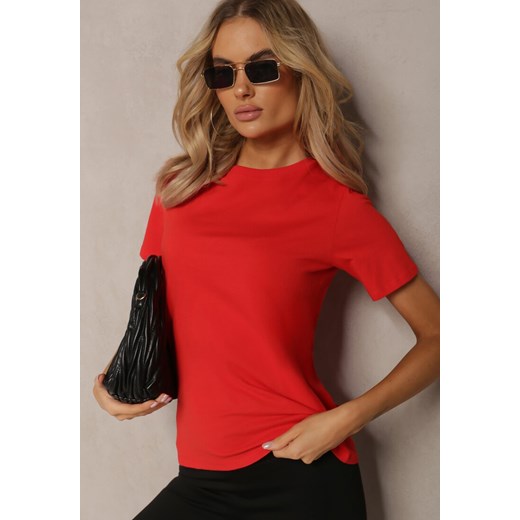 Czerwony Klasyczny T-shirt z Bawełny o Gładkim Wykończeniu Fioralla ze sklepu Renee odzież w kategorii Bluzki damskie - zdjęcie 169741634