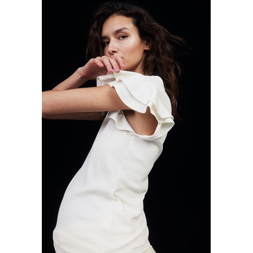 H & M - MAMA Dżersejowy top z falbankowym rękawem - Biały ze sklepu H&M w kategorii Bluzki ciążowe - zdjęcie 169748543