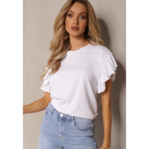 Biały T-shirt z Krótkimi Rękawami z Falbanki Arseja ze sklepu Renee odzież w kategorii Bluzki damskie - zdjęcie 169782282