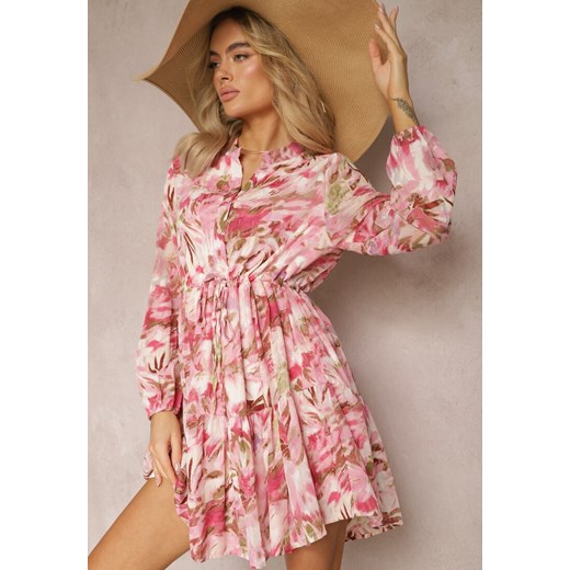Różowa Sukienka Mini z Długimi Rękawami i Falbanką Ozdobiona Kwiatowym Wzorem Nadkira ze sklepu Renee odzież w kategorii Sukienki - zdjęcie 169782302
