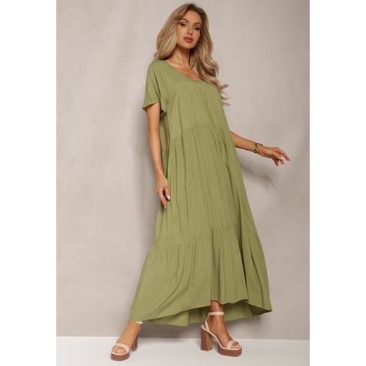 Zielona Maxi Sukienka Rozkloszowana z Bawełny z Trójkątnym Dekoltem Eriwen ze sklepu Renee odzież w kategorii Sukienki - zdjęcie 169787164