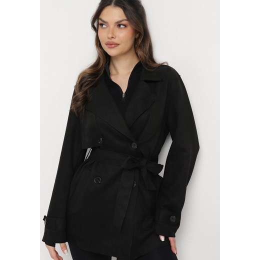 Czarny Dwurzędowy Płaszcz z Paskiem w Talii i Kieszeniami Pavinetta ze sklepu Born2be Odzież w kategorii Płaszcze damskie - zdjęcie 169815531
