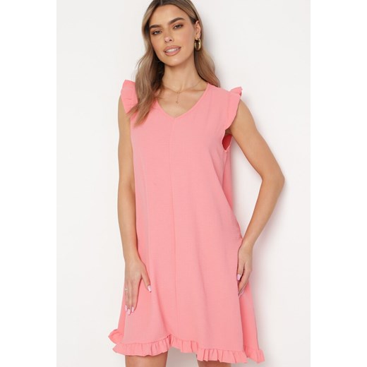Różowa Sukienka Trapezowa Midi z Falbanką Bez Rękawów Neoliana ze sklepu Born2be Odzież w kategorii Sukienki - zdjęcie 169815762