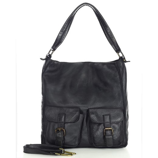 Torebka skórzana na ramię z kieszonkami safari leather bag - MARCO MAZZINI czarny ze sklepu Verostilo w kategorii Torby Shopper bag - zdjęcie 169820001