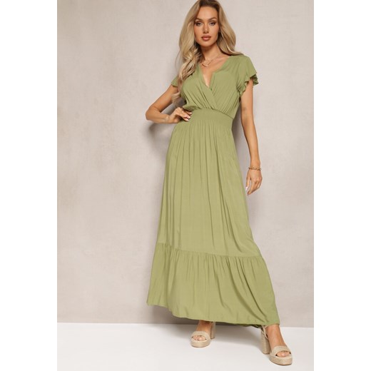 Zielona Rozkloszowana Sukienka Maxi z Bawełny o Kopertowym Kroju Asmerie ze sklepu Renee odzież w kategorii Sukienki - zdjęcie 169822082