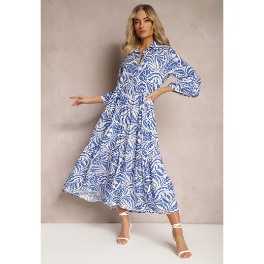 Biało-Niebieska Sukienka Maxi z Falbanką z Guzikami i Orientalnym Wzorem Polka ze sklepu Renee odzież w kategorii Sukienki - zdjęcie 169825404