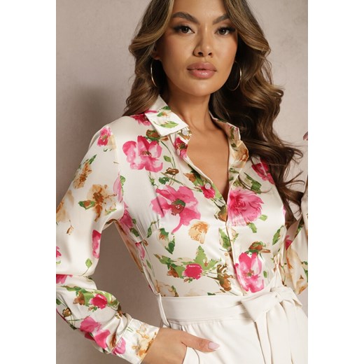 Jasnobeżowy Elegancki Kombinezon z Koszulową Górą w Kwiaty Wiązany w Talii Renee S promocyjna cena Renee odzież