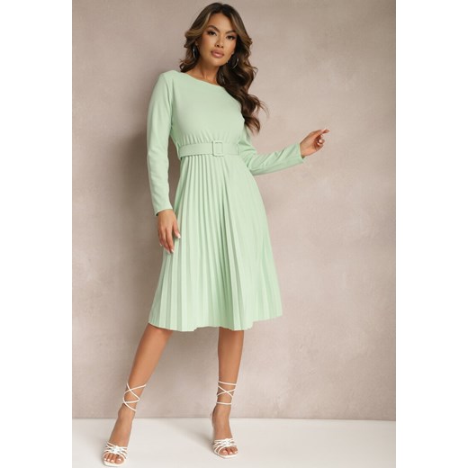 Zielona Plisowana Sukienka Midi z Paskiem w Talii Pailomena ze sklepu Renee odzież w kategorii Sukienki - zdjęcie 169825481