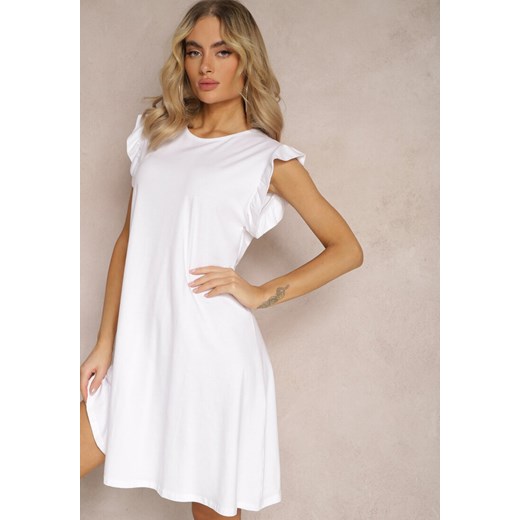 Biała Trapezowa Sukienka z Elastycznej Bawełny z Falbankami Przy Ramionach Aleradia ze sklepu Renee odzież w kategorii Sukienki - zdjęcie 169825604