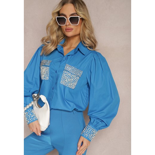 Niebieska Koszula z Biżuteryjnymi Cyrkoniami i Perełkami Quezia ze sklepu Renee odzież w kategorii Koszule damskie - zdjęcie 169825724