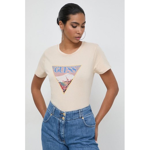 Guess t-shirt bawełniany damski kolor beżowy W4GI63 KBZV1 ze sklepu ANSWEAR.com w kategorii Bluzki damskie - zdjęcie 169826094