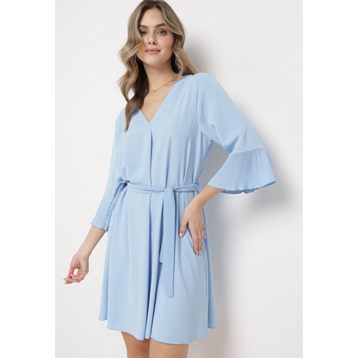 Niebieska Sukienka Mini z Paskiem w Talii i Plisowanymi Rękawami Urssalia ze sklepu Born2be Odzież w kategorii Sukienki - zdjęcie 169830273