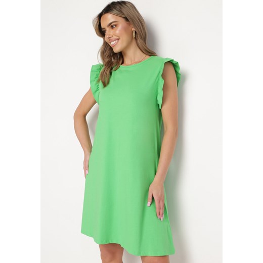 Zielona Letnia Sukienka Bawełniana z Falbankami Wokół Ramion Sasare ze sklepu Born2be Odzież w kategorii Sukienki - zdjęcie 169830371