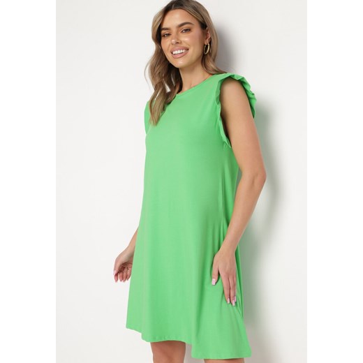 Zielona Letnia Sukienka Bawełniana z Falbankami Wokół Ramion Sasare L promocja Born2be Odzież