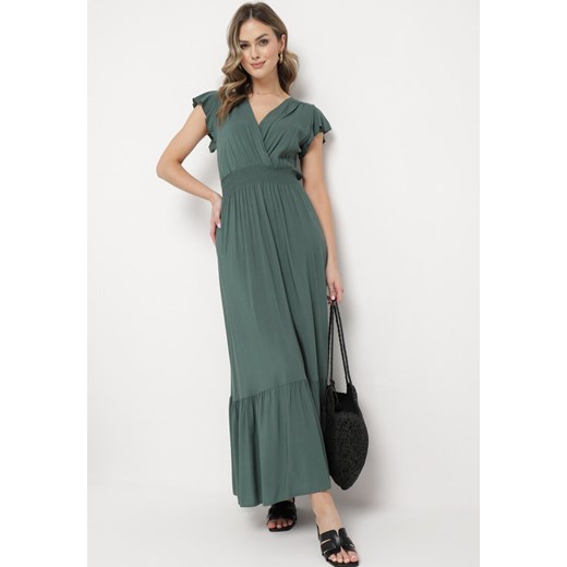 Zielona Bawełniana Sukienka Maxi z Falbankami i Gumką w Pasie Perinthe ze sklepu Born2be Odzież w kategorii Sukienki - zdjęcie 169830554