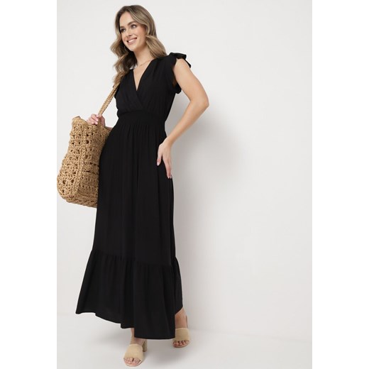 Czarna Bawełniana Sukienka Maxi z Kopertową Górą Rozkloszowana Xaliara ze sklepu Born2be Odzież w kategorii Sukienki - zdjęcie 169830590