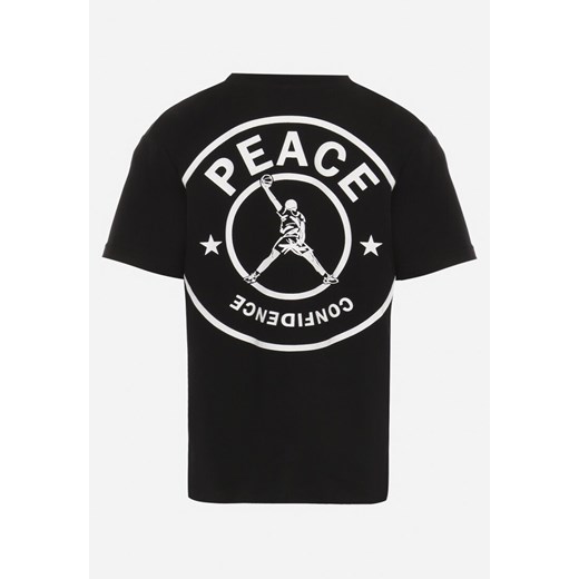 Czarna Koszulka T-shirt z Nadrukiem na Plecach z Elastycznej Bawełny  Angomara 134 wyprzedaż Born2be Odzież