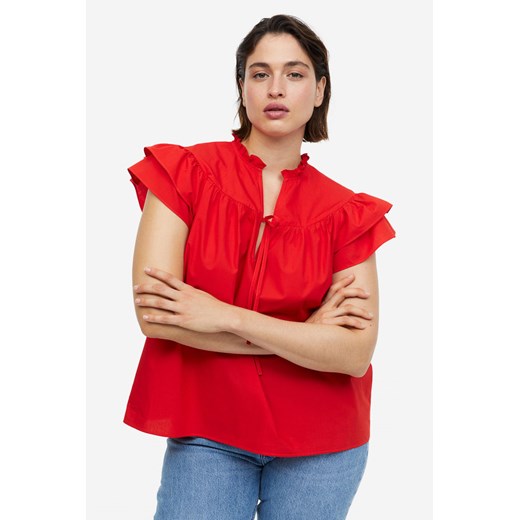 H & M - Popelinowa bluzka z falbankowym rękawem - Czerwony H & M M H&M
