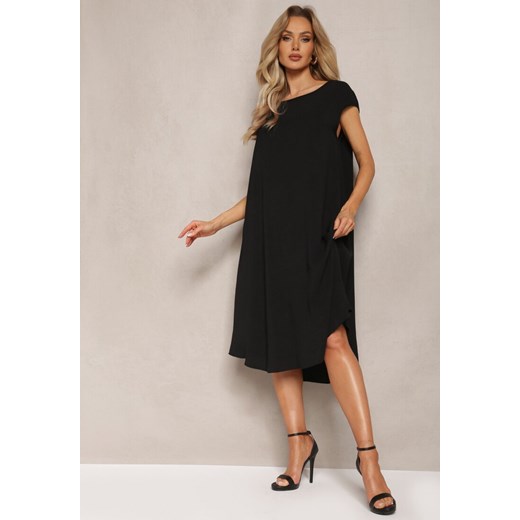 Czarna Rozkloszowana Sukienka Midi na Szerokich Ramiączkach Lireu ze sklepu Renee odzież w kategorii Sukienki - zdjęcie 169855980