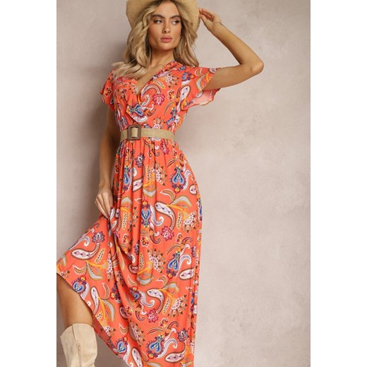 Pomarańczowa Rozkloszowana Sukienka z Wiskozy z Gumką w Talii i Abstrakcyjnym Wzorem  Pairella ze sklepu Renee odzież w kategorii Sukienki - zdjęcie 169856051