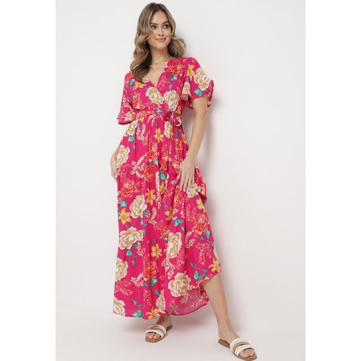 Fuksjowa Sukienka Maxi z Gumką w Talii z Szerokimi Rękawami i Kwiatowym Printem Nodriala ze sklepu Born2be Odzież w kategorii Sukienki - zdjęcie 169856251