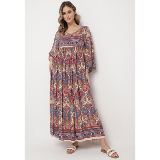 Sukienka wielokolorowa Born2be rozkloszowana maxi z długim rękawem 