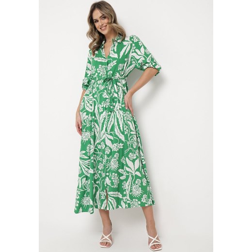 Zielona Koszulowa Sukienka z Roślinnym Wzorem z Wiązanym Paskiem Rosallen ze sklepu Born2be Odzież w kategorii Sukienki - zdjęcie 169856331