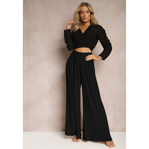 Czarne Szerokie Spodnie z Plisami High Waist Mirealli ze sklepu Renee odzież w kategorii Spodnie damskie - zdjęcie 169864191