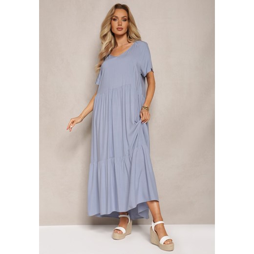 Niebieska Rozkloszowana Sukienka Maxi z Bawełny z Trójkątnym Dekoltem Nastal ze sklepu Renee odzież w kategorii Sukienki - zdjęcie 169864441